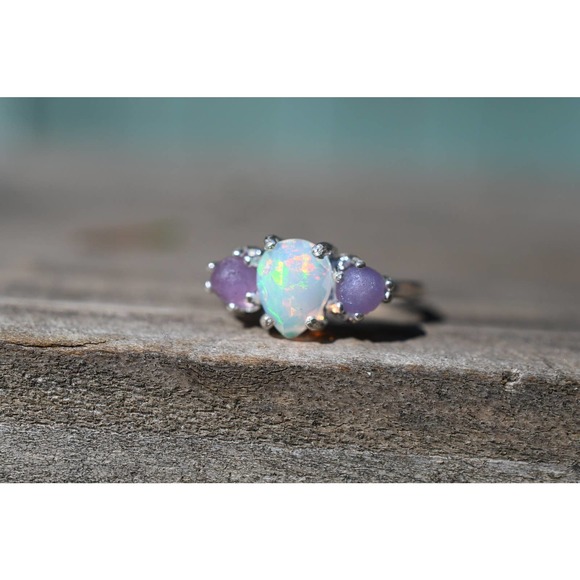 Opal Art Deco Engagement Ring, Raw Grape Agate Ring, Unique Engagement R… - Picture 2 of 4
